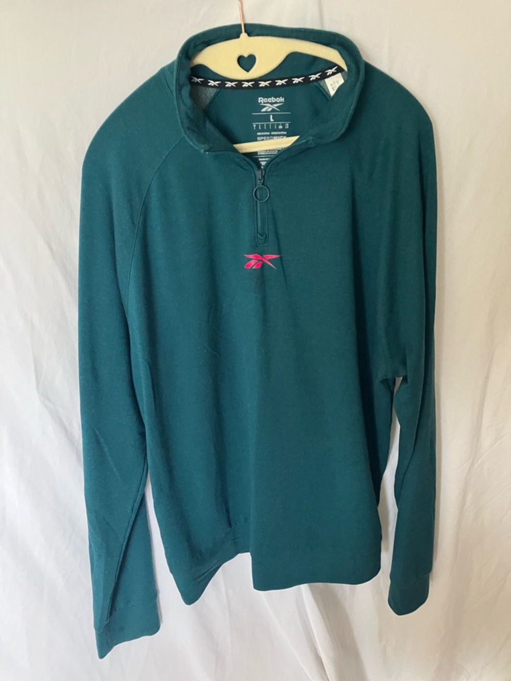 Reebok: Dark Teal Half-Zip Long Sleeve- Pink Logo- L